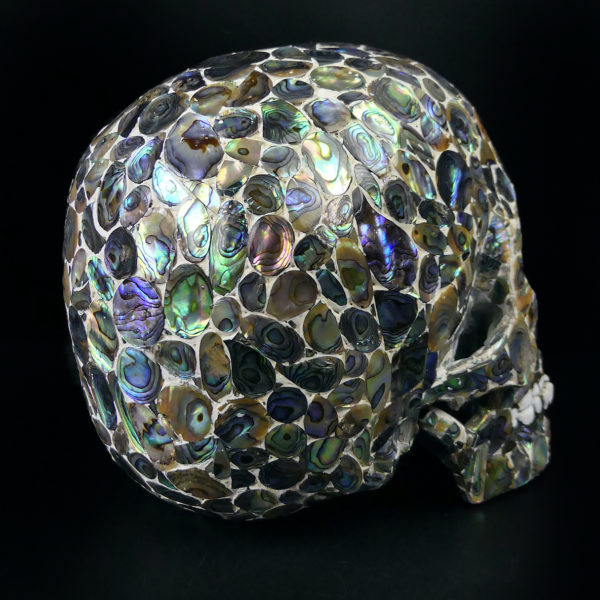 Crâne en nacre d’ormeau Création artisanale Vanité Curiosité (3/4 dos)