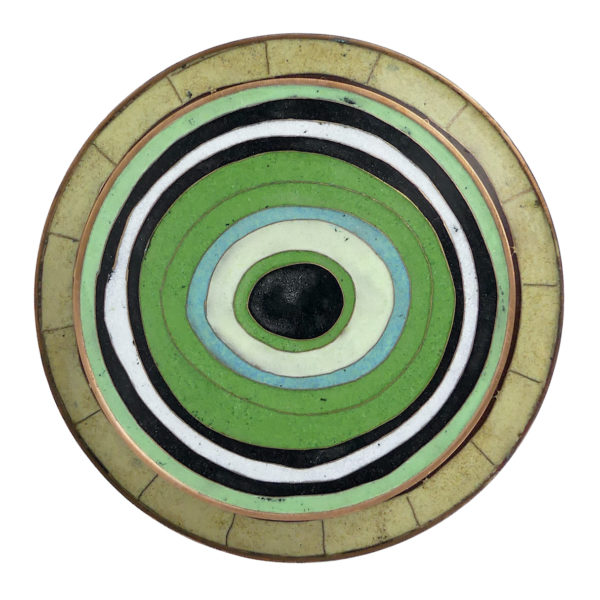 Grand pot cloisonné cercles verts et bleus en émail sur cuivre (dessus)