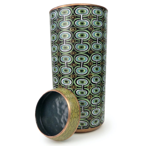 Grand pot cloisonné cercles verts et bleus en émail sur cuivre (ouvert)