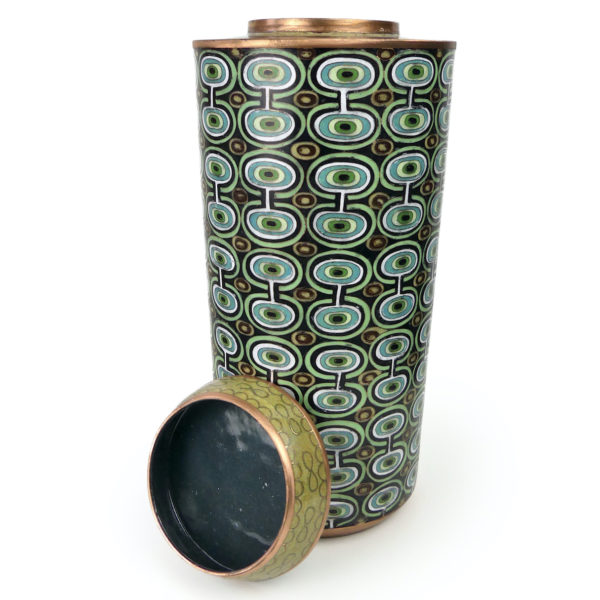 Grand pot cloisonné cercles verts et bleus en émail sur cuivre (ouvert)