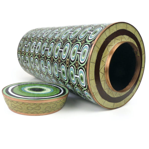 Grand pot cloisonné cercles verts et bleus en émail sur cuivre (3/4 ouvert)