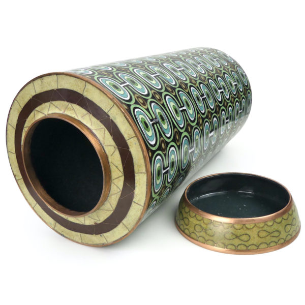 Grand pot cloisonné cercles verts et bleus en émail sur cuivre (3/4 ouvert)