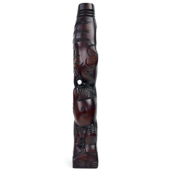Teko Teko Maori sculpté en bois brun foncé et ormeaux (profil)
