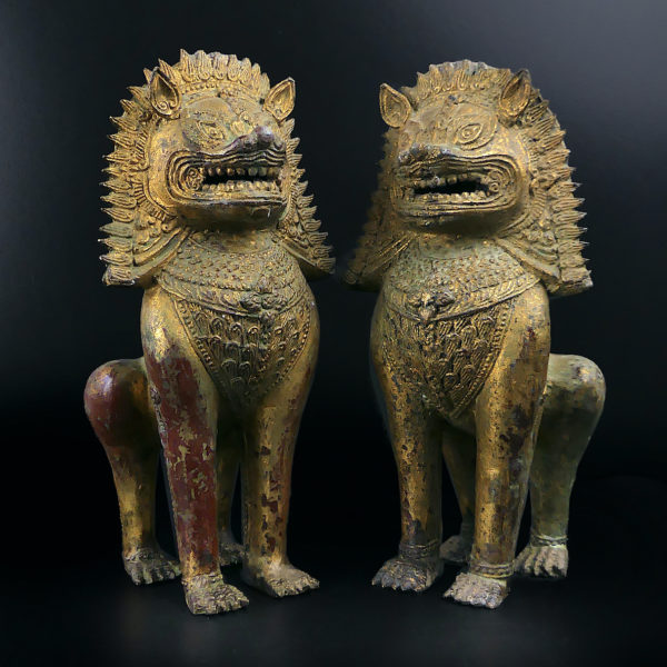 Paire de lions Singha en bronze gardiens de temple Chiens de fô Thaïlande (3/4)