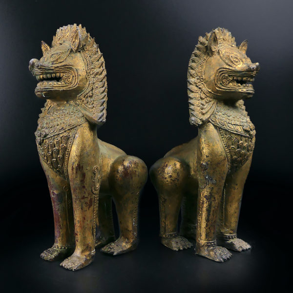 Paire de lions Singha en bronze gardiens de temple Chiens de fô Thaïlande (3/4)
