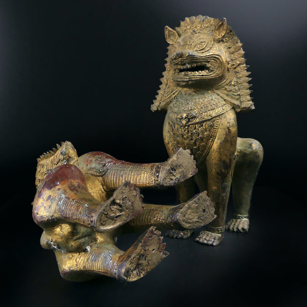 Paire de lions Singha en bronze gardiens de temple Chiens de fô Thaïlande (dessous 3/4)