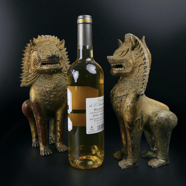 Paire de lions Singha en bronze gardiens de temple Chiens de fô Thaïlande (proportion)