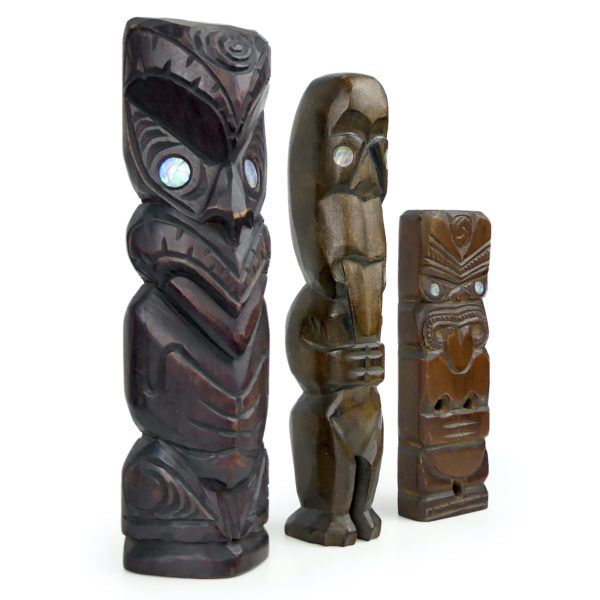 3 petits Teko Teko Maoris anciens en bois et ormeaux Nouvelle-Zélande (3/4)
