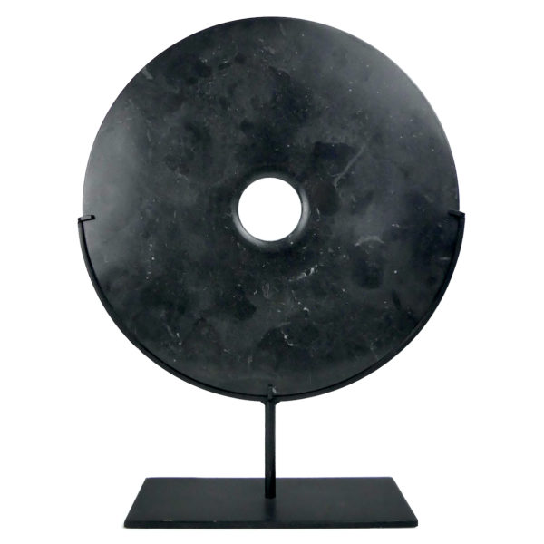 Yubi en marbre noir disque bi chinois sur pied métallique noir (face)