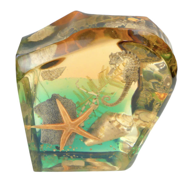 Inclusion Bord de mer en résine souvenir de vacances des années 60 France (dessus 3/4)