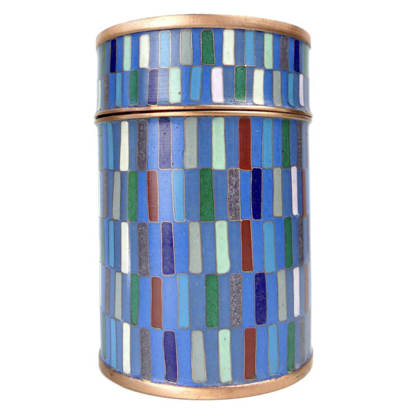 Petit pot camaïeu bleu vert en cloisonné émail sur cuivre Fabienne Jouvin (face)