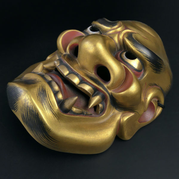 Masque doré Shishiguchi Gueule de lion du théâtre nô bois de cyprès doré (dessous 3/4)