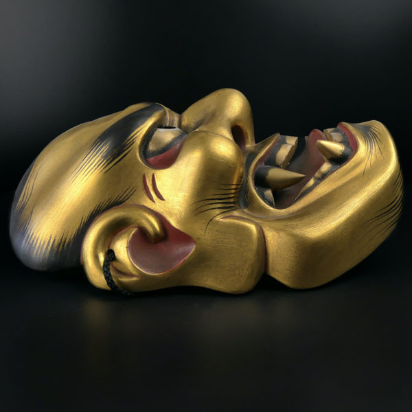 Masque doré Shishiguchi Gueule de lion du théâtre nô bois de cyprès doré (profil)