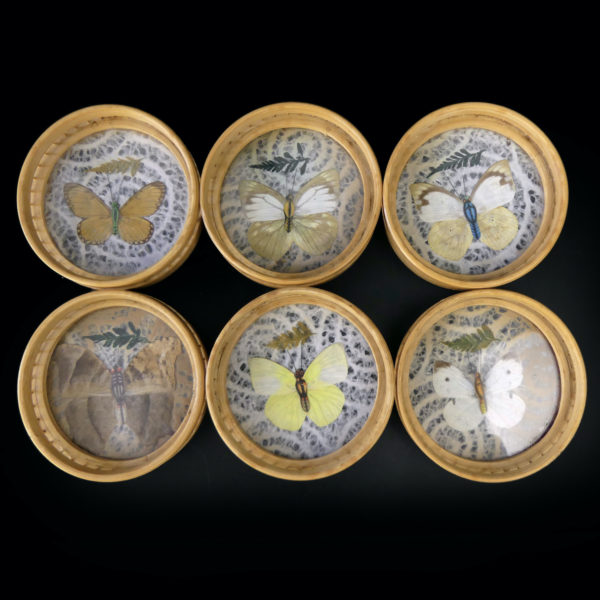 Plateau en bambou aux papillons vintage et 6 sous-verres ronds (dessus)