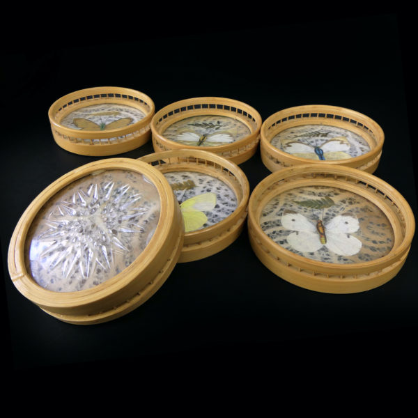 Plateau en bambou aux papillons vintage et 6 sous-verres ronds (dessus 3/4)