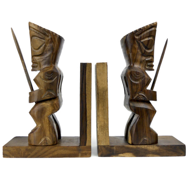 Paire serre-livres Tiki tahitiens anciens en bois bicolore Miro Mi-XXe (profil)