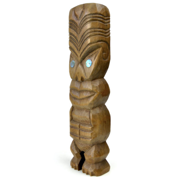 3 petits Teko Teko Maoris anciens sculptés en bois brun et pāua (T1)