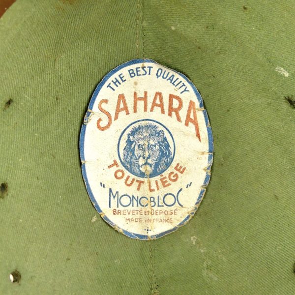 Casque colonial français Sahara salacot léger sable et vert France (détail)