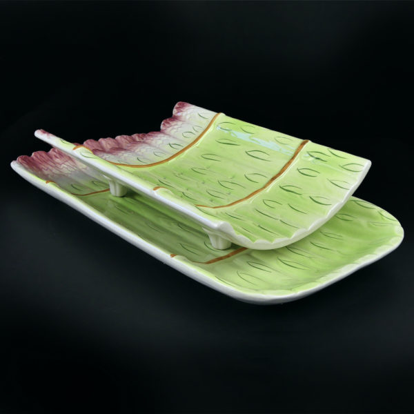 Service à asperges ancien égouttoir et plat en barbotine (3/4 dos)