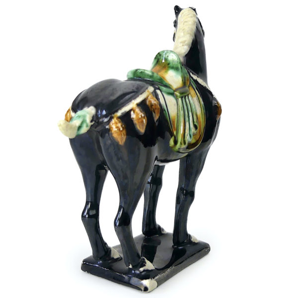 Petit cheval noir style Tang en céramique émaillée chinoise (3/4 dos)