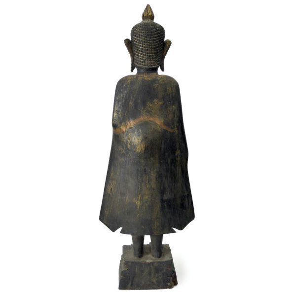 Bouddha thaïlandais debout ancien en bois doré Abhaya-mudrā Varada-mudrā (dos)