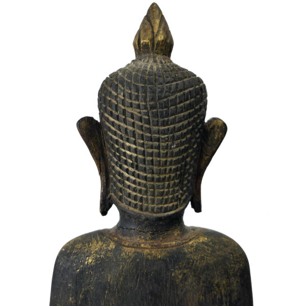 Bouddha thaïlandais debout ancien en bois doré Abhaya-mudrā Varada-mudrā (détail)