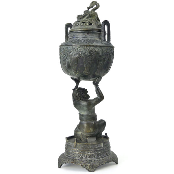 Brûle-encens Oni démon hurlant en bronze Encensoir kōro Début Shōwa (3/4 dos)