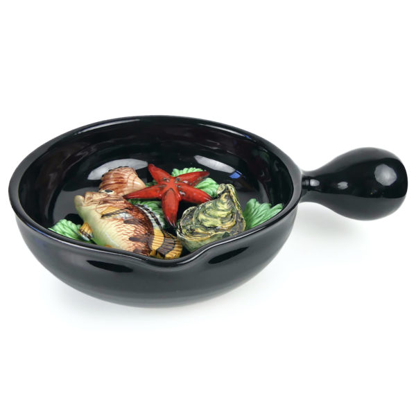 Caquelon provençal trompe l’Oeil typique des années 60 en barbotine Vallauris (profil)