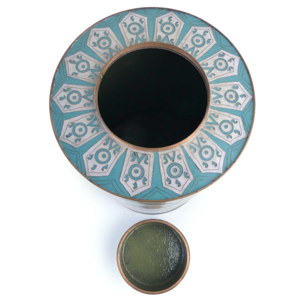 Grand pot cloisonné éventails turkmen bleu et blanc Fabienne Jouvin Paris (dessus ouvert)