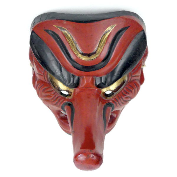 Masque Tengu ancien en bois sculpté rouge noir et or Théâtre nô (dessus)