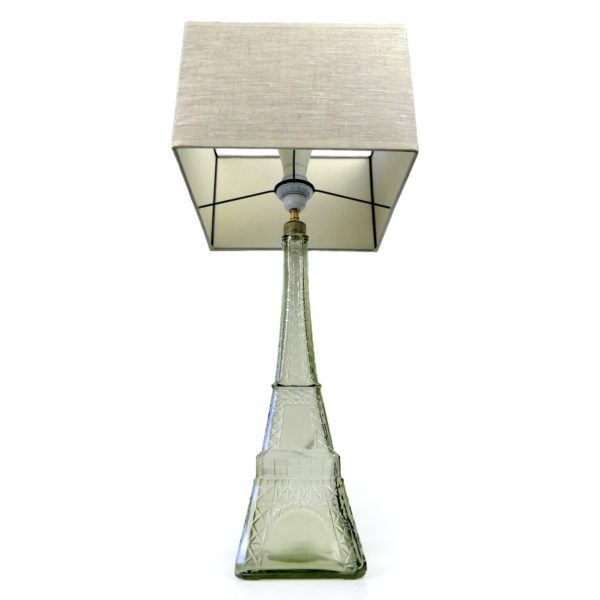 Grande lampe tour Eiffel en verre et abat-jour carré Souvenir de Paris (dessous 3/4)