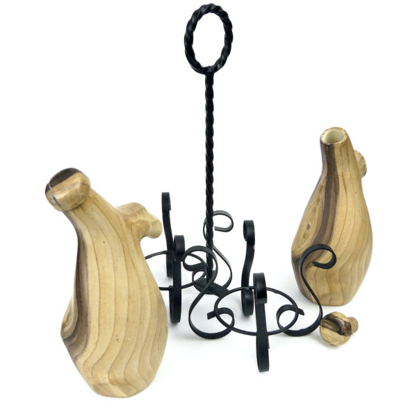 Ménagère huile et vinaigre Vallauris Grandjean Jourdan en porcelaine faux bois (détail)