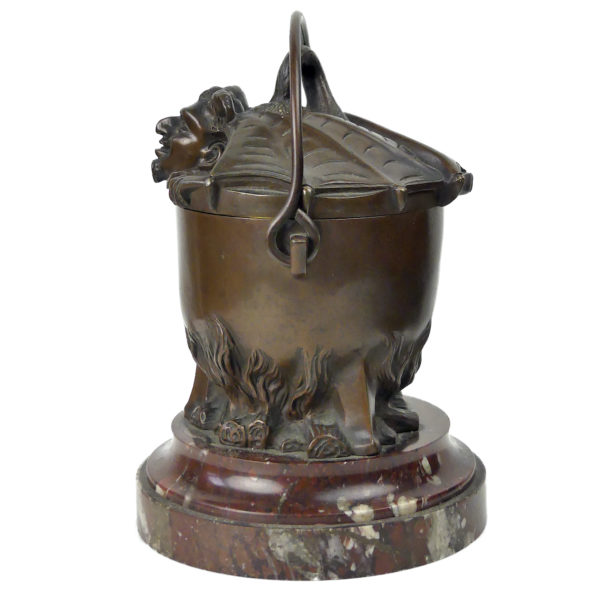 Marmite du diable en bronze patiné et marbre rouge Pot à tabac ancien XIXe (profil)