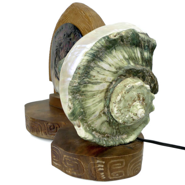 Lampe d’ambiance polynésienne double en coquilles coquillage et bois précieux RIMAP Tahiti (profil)