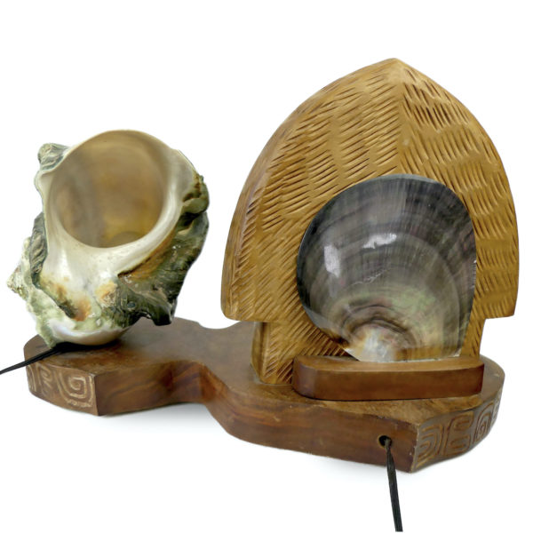 Lampe d’ambiance polynésienne double en coquilles coquillage et bois précieux RIMAP Tahiti (dos)