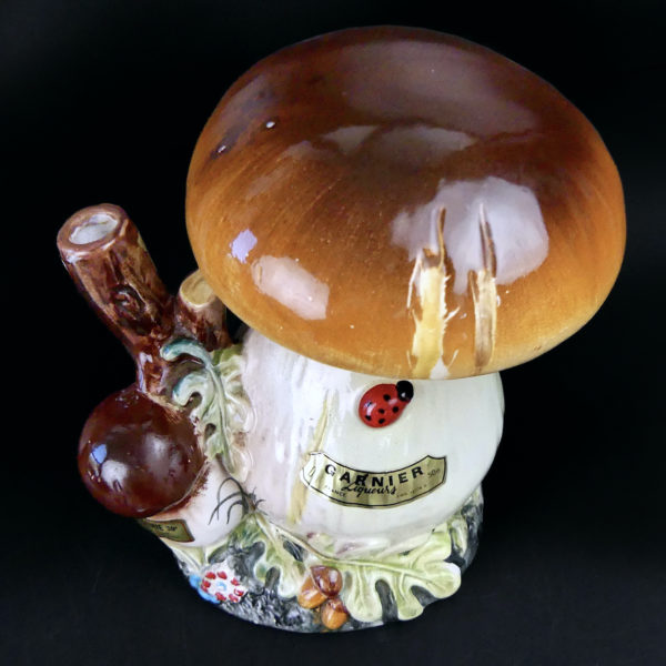 Bouteille champignons à liqueur Garnier en porcelaine Cèpes et sous-bois France (dessus 3/4)