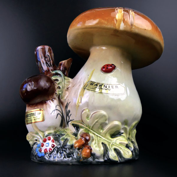 Bouteille champignons à liqueur Garnier en porcelaine Cèpes et sous-bois France (face)