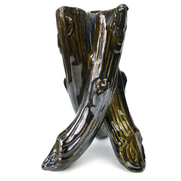 Bouquetière vase pique-fleurs tripode ancien en barbotine des années 50 (profil