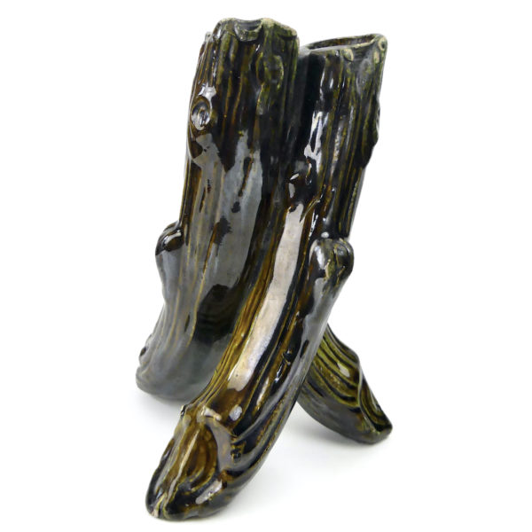 Bouquetière vase pique-fleurs tripode ancien en barbotine des années 50 (3/4)