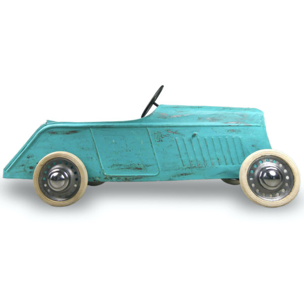 Voiture à pédales Rat Rod restaurée en tôle bleu clair délavé Années 30 France (profil)