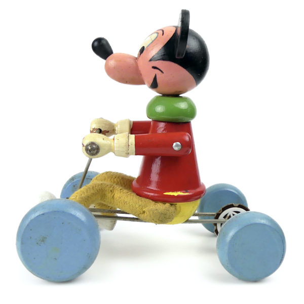 Jouet en bois Mickey ancien à roulettes de la mi-XXe Jouet en bois Vilac France (profil)