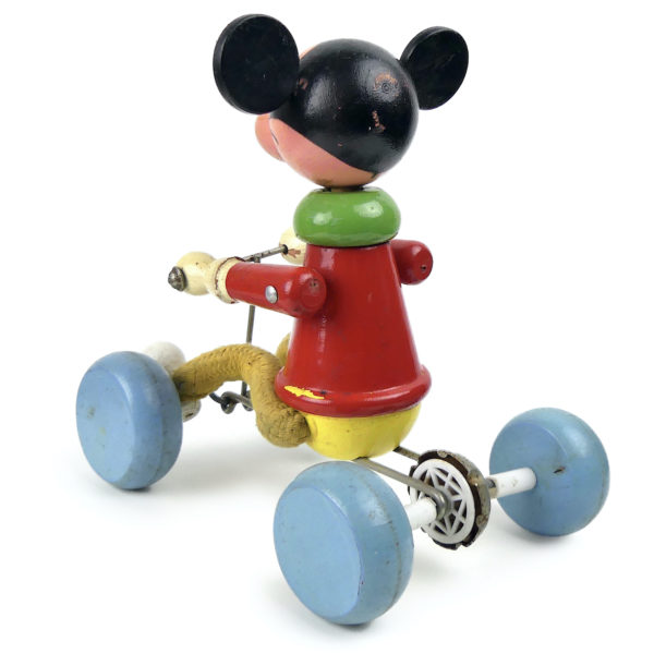 Jouet en bois Mickey ancien à roulettes de la mi-XXe Jouet en bois Vilac France (3/4 dos)