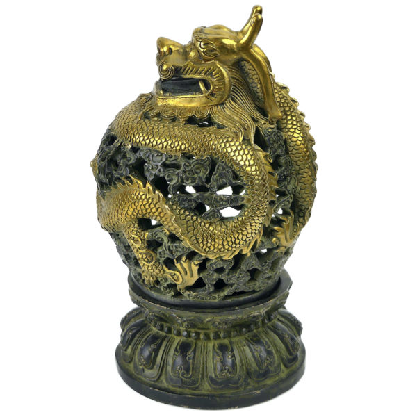 Petit encensoir dragon chinois en bronze doré Brûle-encens ancien fin XXe (profil)