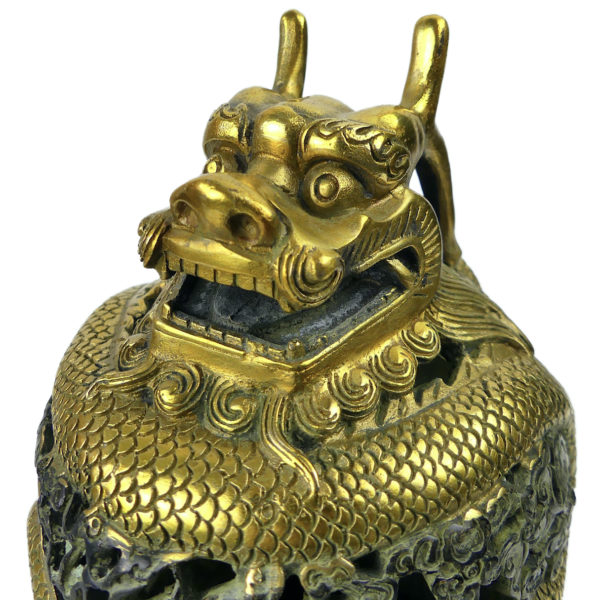 Petit encensoir dragon chinois en bronze doré Brûle-encens ancien fin XXe – Image 6