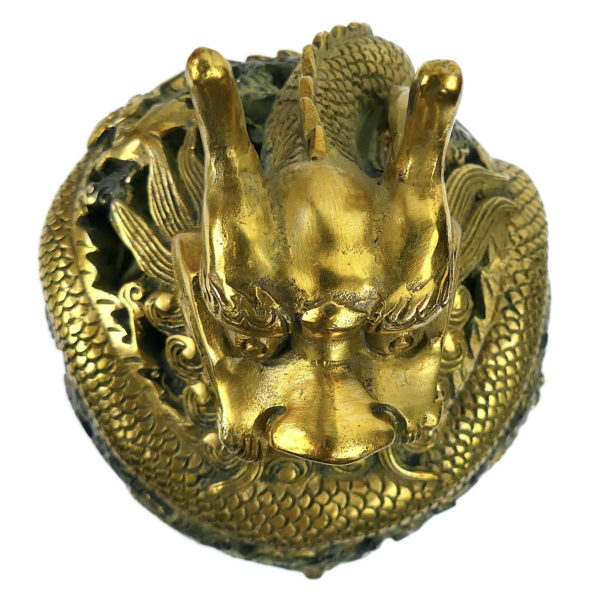 Petit encensoir dragon chinois en bronze doré Brûle-encens ancien fin XXe (dessus)