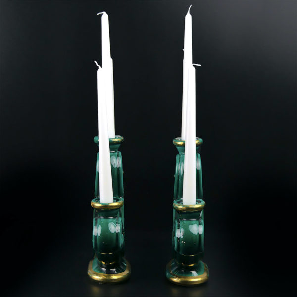 Paire de bougeoirs tressés à 3 feux en faïence verte et or Années 50 (profil)