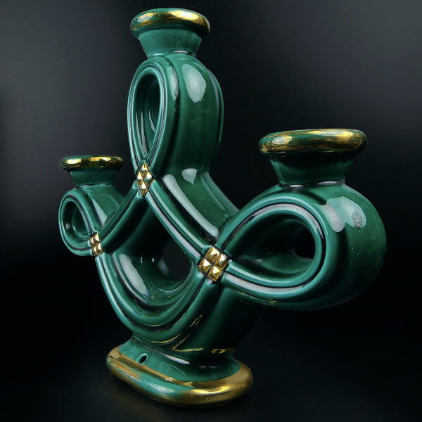 Paire de bougeoirs tressés à 3 feux en faïence verte et or Années 50 (3/4)