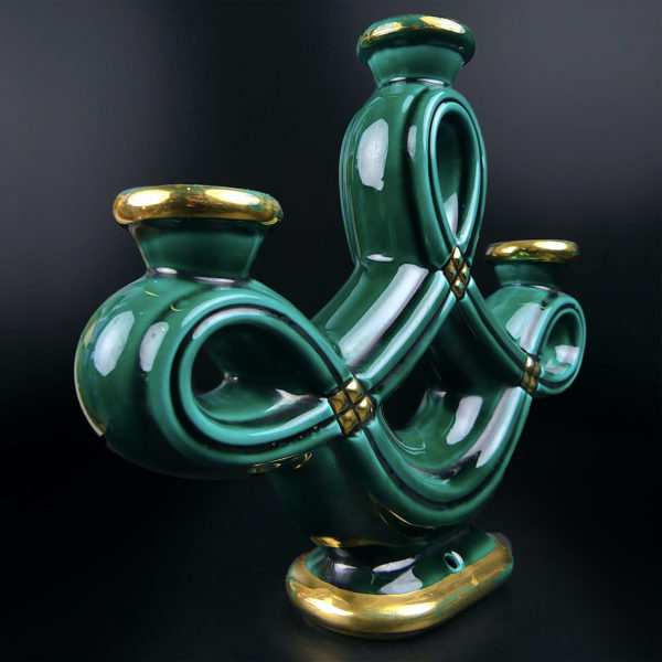 Paire de bougeoirs tressés à 3 feux en faïence verte et or Années 50 (3/4)