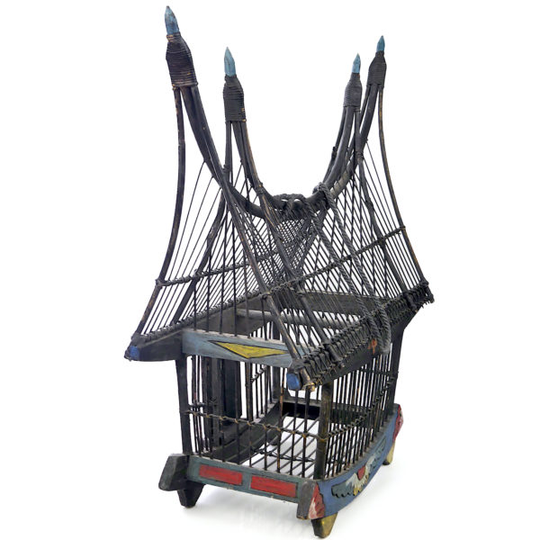 Grande cage à oiseaux thaïlandaise ancienne et rare fabriquée à la main (3/4 dos)