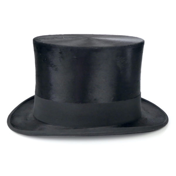 Boîte à chapeau ancienne de voyage et haut-de-forme BELLE JARDINIÈRE PARIS XIXe (profil)